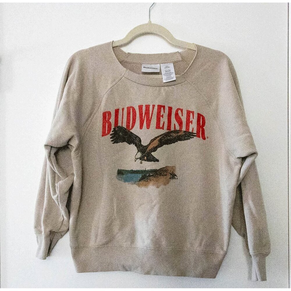 Beige Budweiser Distressed Wide Neck Sweatshirt